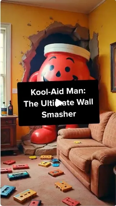 Kool-Aid Man: The Ultimate Wall Smasher. Who else remembers the Kool-Aid Man smashing into your TV—and your childhood? Relive the fruity chaos! #GenX #Nostalgia #KoolAidMan #RetroAds #80sKids #SugaryMemories #Throwback